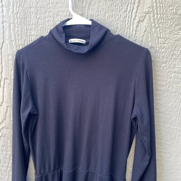 Reformation Dress Size L Black Ribbed Mock Neck A Line Mini Long Sleeve Stretch‎ - Picture 4 of 6